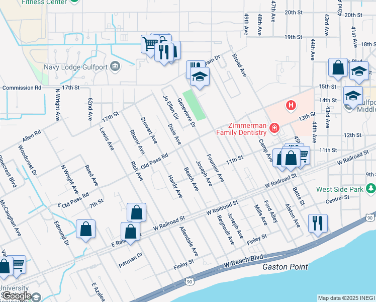 map of restaurants, bars, coffee shops, grocery stores, and more near 1216 Joseph Avenue in Gulfport