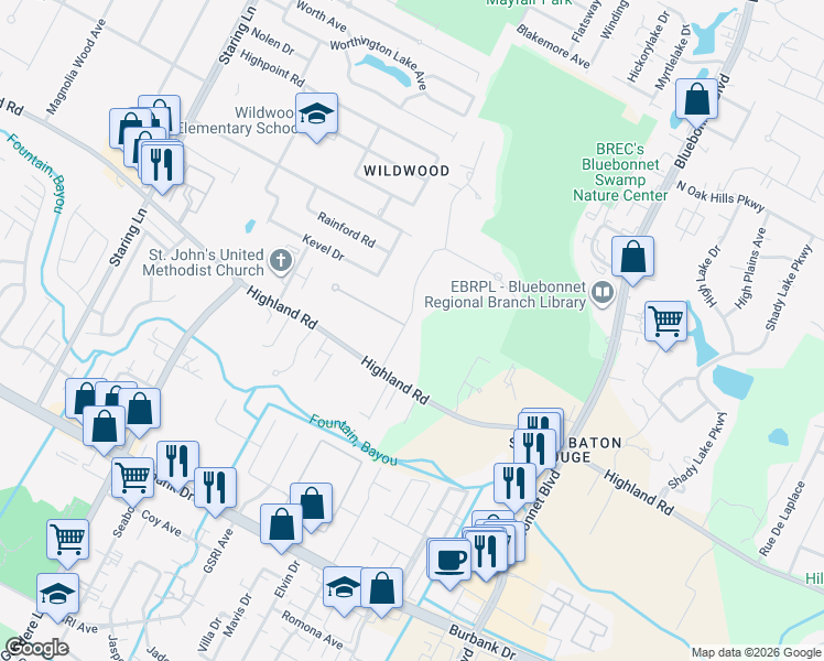 map of restaurants, bars, coffee shops, grocery stores, and more near 240 Myrtle Hill Drive in Baton Rouge