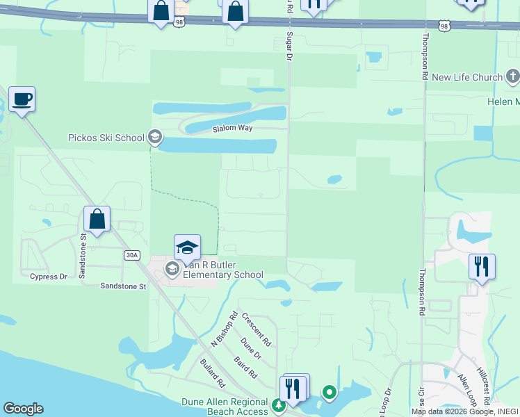 map of restaurants, bars, coffee shops, grocery stores, and more near 102 Sugar Cove Lane in Santa Rosa Beach