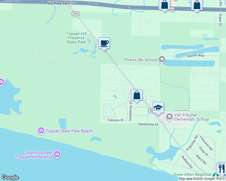 map of restaurants, bars, coffee shops, grocery stores, and more near 133 Cypress Passage in Santa Rosa Beach