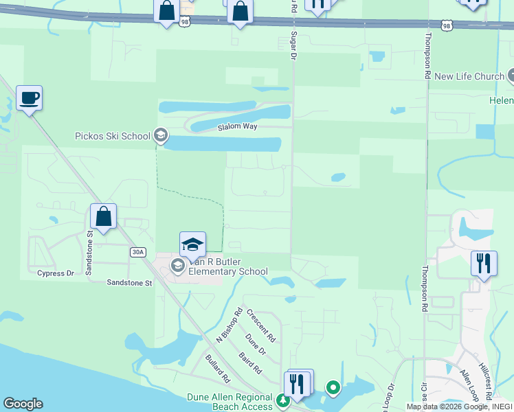 map of restaurants, bars, coffee shops, grocery stores, and more near 102 Sugar Cove Lane in Santa Rosa Beach