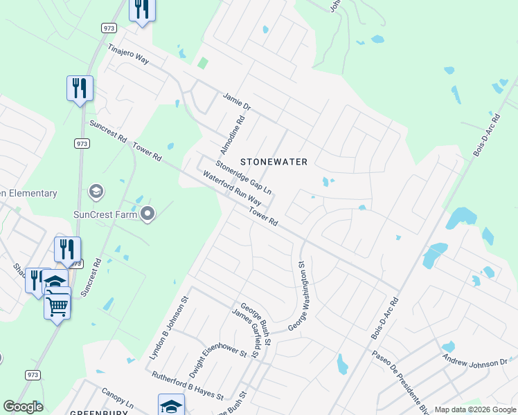 map of restaurants, bars, coffee shops, grocery stores, and more near 12413 Waterford Run Way in Manor