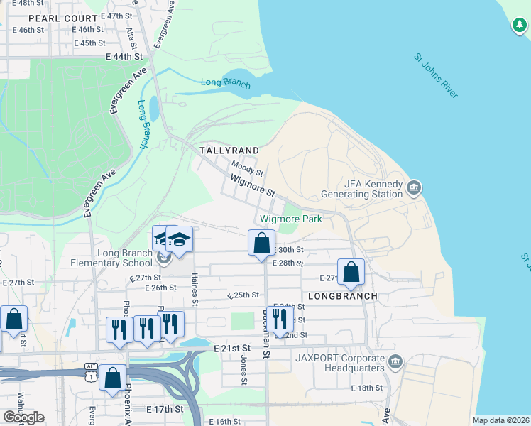 map of restaurants, bars, coffee shops, grocery stores, and more near 4230 Buckman Street in Jacksonville