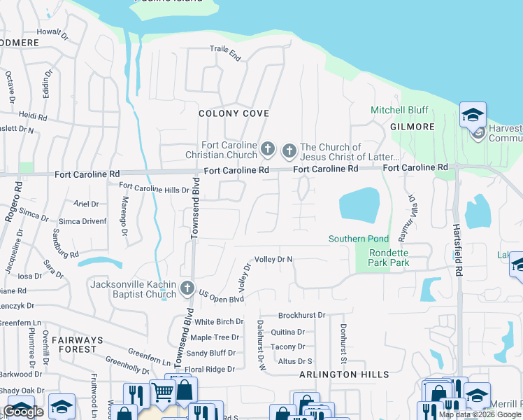map of restaurants, bars, coffee shops, grocery stores, and more near 7605 Hovering Mist Way in Jacksonville