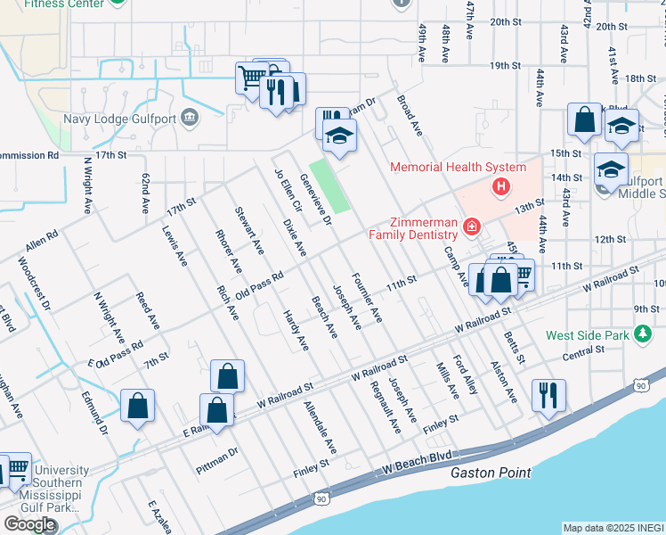 map of restaurants, bars, coffee shops, grocery stores, and more near 1216 Joseph Avenue in Gulfport