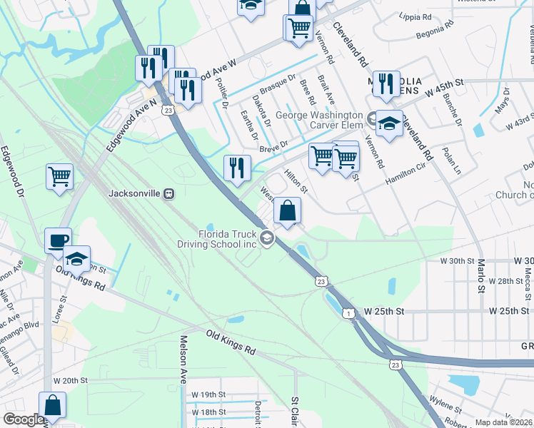 map of restaurants, bars, coffee shops, grocery stores, and more near 5367 New Kings Road in Jacksonville