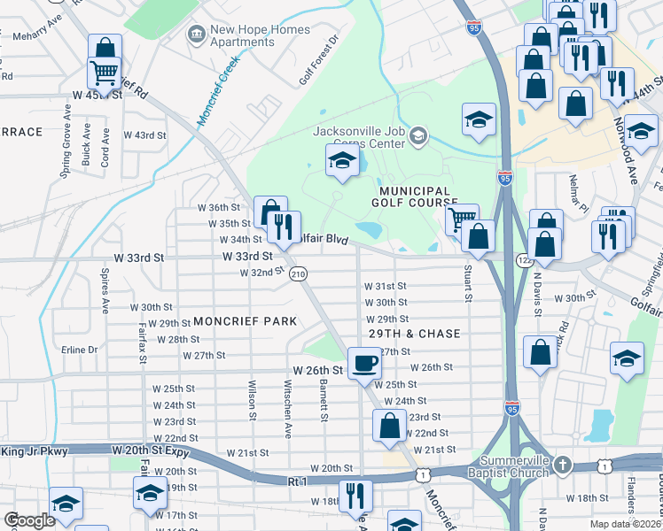 map of restaurants, bars, coffee shops, grocery stores, and more near 1355 West 32nd Street in Jacksonville