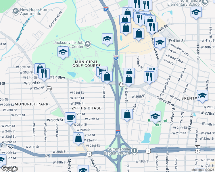 map of restaurants, bars, coffee shops, grocery stores, and more near 1040 Golfair Boulevard in Jacksonville