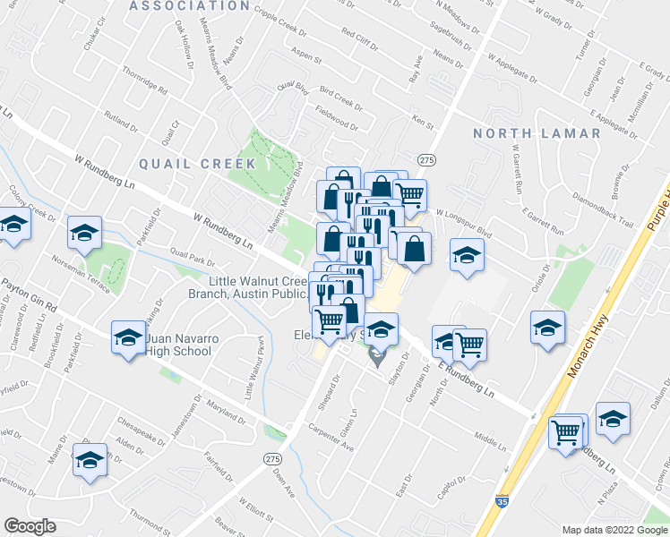 map of restaurants, bars, coffee shops, grocery stores, and more near 9414 North Lamar Boulevard in Austin