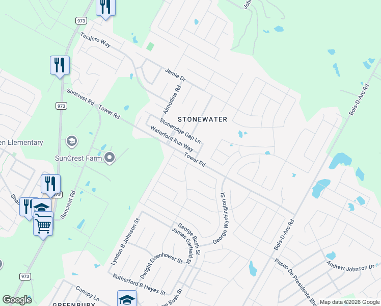 map of restaurants, bars, coffee shops, grocery stores, and more near 12413 Waterford Run Way in Manor