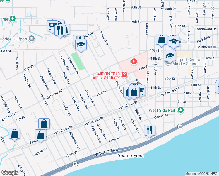 map of restaurants, bars, coffee shops, grocery stores, and more near 1205 Woodward Avenue in Gulfport