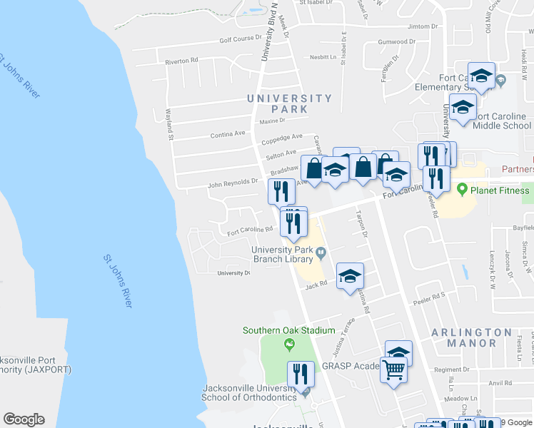 map of restaurants, bars, coffee shops, grocery stores, and more near 5482 Marsh Creek Court in Jacksonville