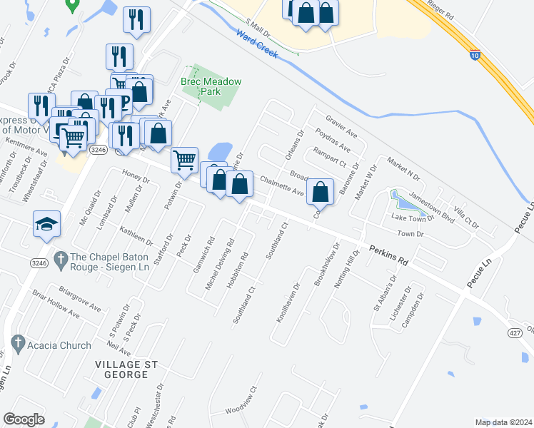 map of restaurants, bars, coffee shops, grocery stores, and more near 13820 Perkins Road in Baton Rouge