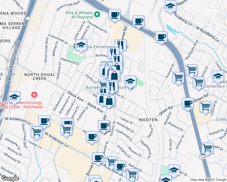 map of restaurants, bars, coffee shops, grocery stores, and more near 8401 Burnet Road in Austin