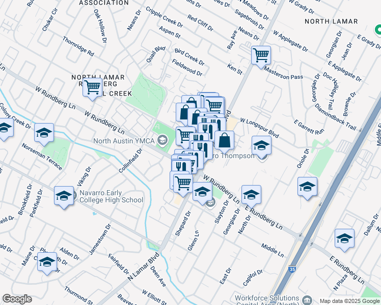 map of restaurants, bars, coffee shops, grocery stores, and more near 9414 North Lamar Boulevard in Austin