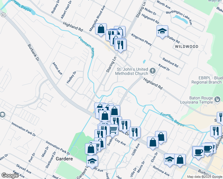 map of restaurants, bars, coffee shops, grocery stores, and more near 9126 Fox Run Avenue in Baton Rouge
