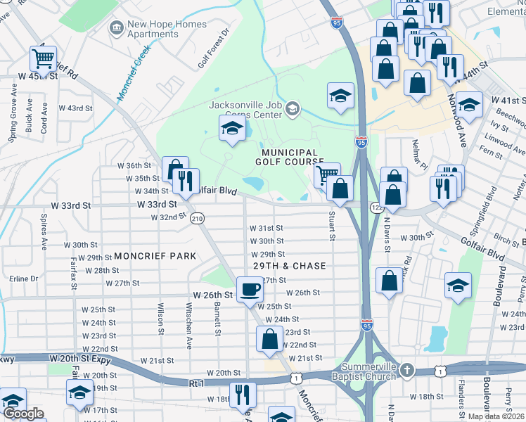 map of restaurants, bars, coffee shops, grocery stores, and more near 1259 West 32nd Street in Jacksonville
