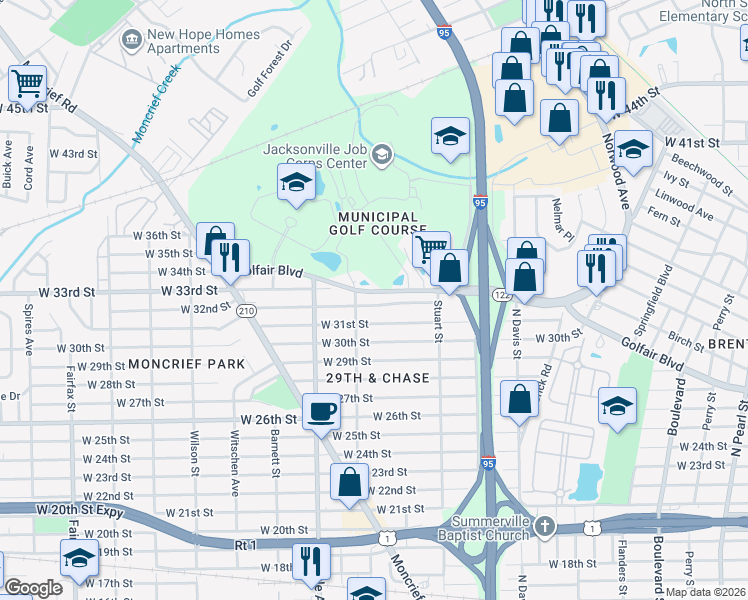 map of restaurants, bars, coffee shops, grocery stores, and more near 1193 West 32nd Street in Jacksonville