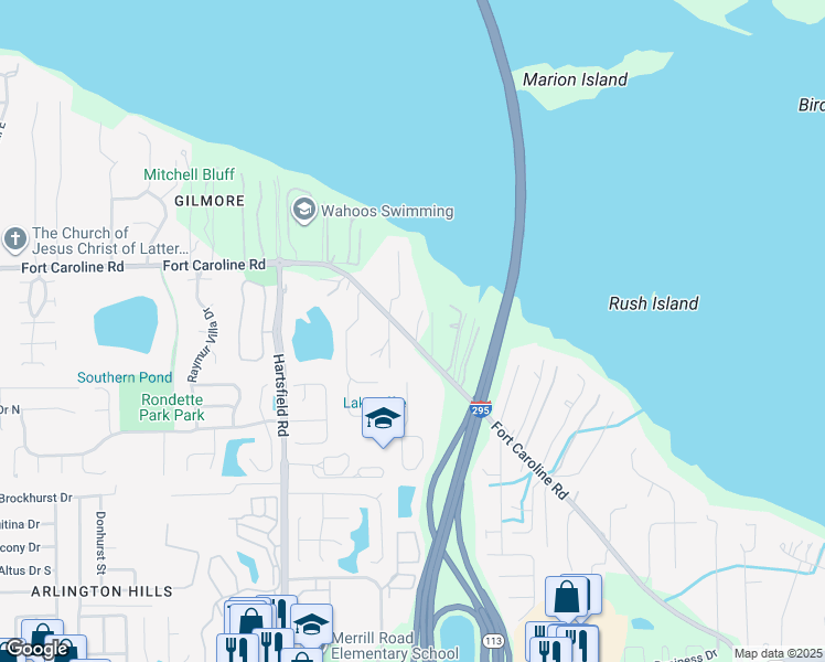 map of restaurants, bars, coffee shops, grocery stores, and more near 8530 Fort Caroline Road in Jacksonville