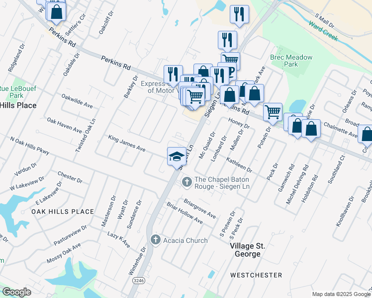 map of restaurants, bars, coffee shops, grocery stores, and more near 9394 Siegen Lane in Baton Rouge