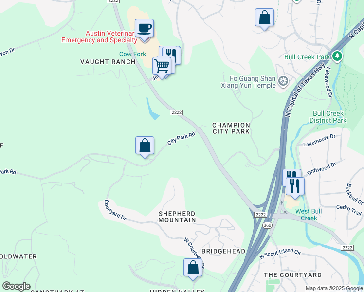 map of restaurants, bars, coffee shops, grocery stores, and more near 6401 Ranch Road 2222 in Austin