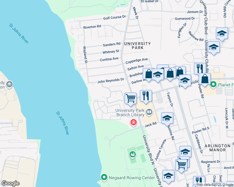 map of restaurants, bars, coffee shops, grocery stores, and more near 3631 Heathwood Court in Jacksonville