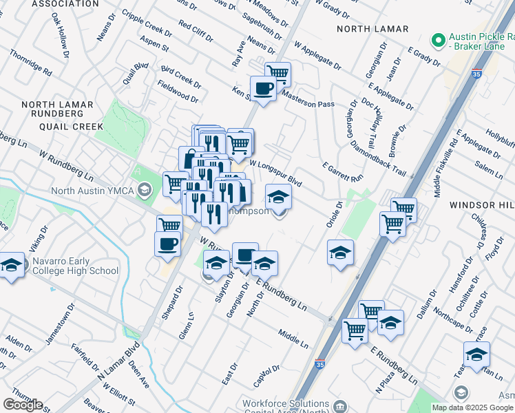map of restaurants, bars, coffee shops, grocery stores, and more near 9700 Eastwend Drive in Austin