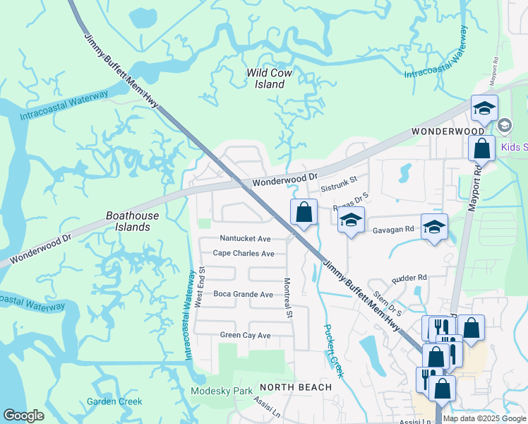 map of restaurants, bars, coffee shops, grocery stores, and more near 1131 Mayport Landing Circle in Atlantic Beach
