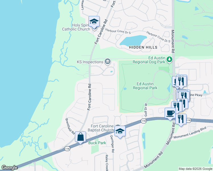 map of restaurants, bars, coffee shops, grocery stores, and more near 11187 Mikris Drive North in Jacksonville