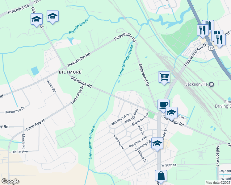 map of restaurants, bars, coffee shops, grocery stores, and more near 5349 Old Kings Road in Jacksonville