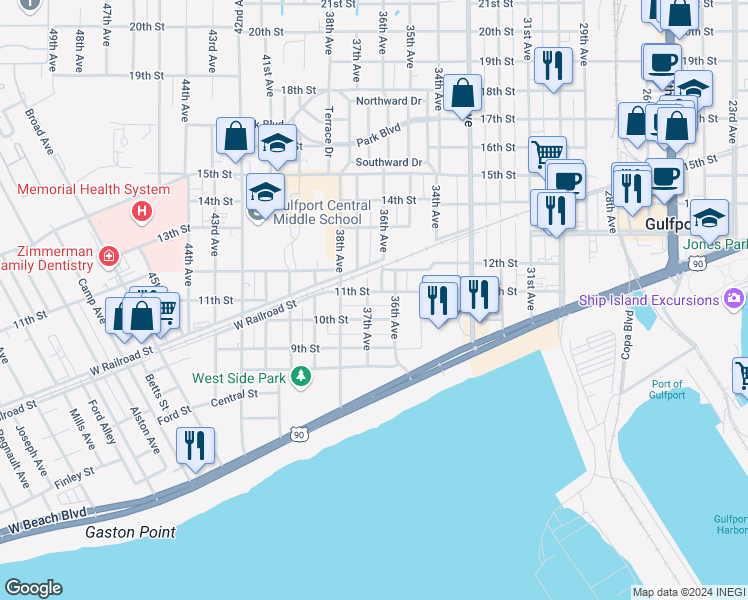 map of restaurants, bars, coffee shops, grocery stores, and more near 1051-1099 37th Avenue in Gulfport