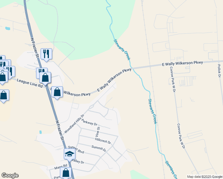 map of restaurants, bars, coffee shops, grocery stores, and more near 40B Woodland Hills Drive in Conroe