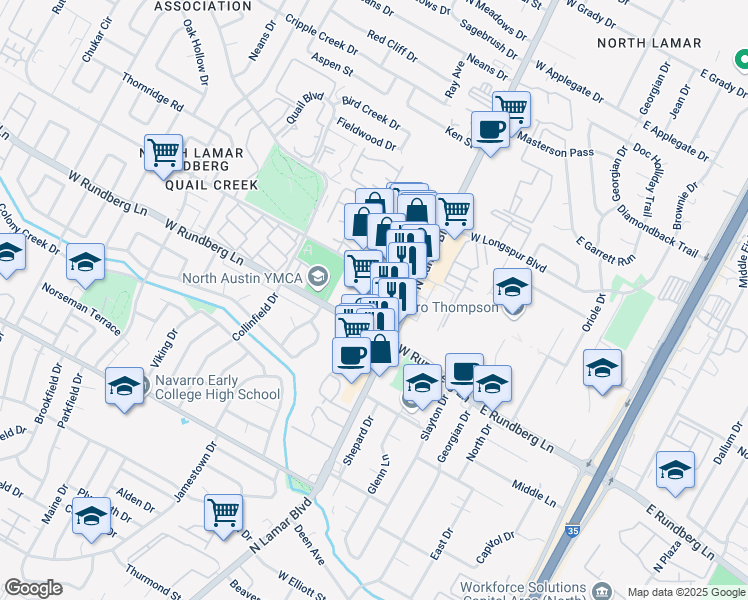 map of restaurants, bars, coffee shops, grocery stores, and more near 9414 North Lamar Boulevard in Austin