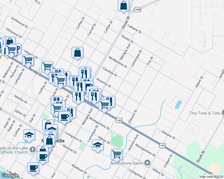 map of restaurants, bars, coffee shops, grocery stores, and more near 1822 America Street in Mandeville