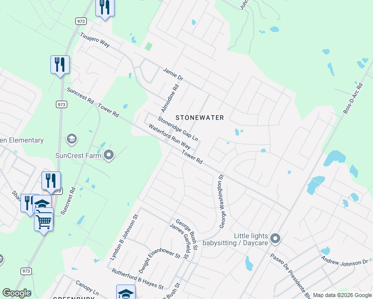 map of restaurants, bars, coffee shops, grocery stores, and more near 12413 Waterford Run Way in Manor