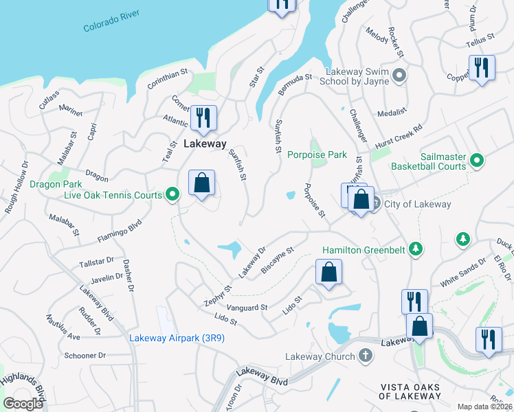 map of restaurants, bars, coffee shops, grocery stores, and more near 428 Sunfish Street in Lakeway