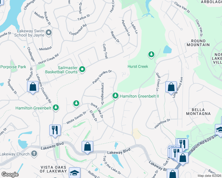 map of restaurants, bars, coffee shops, grocery stores, and more near 101 Racebrook Court in Lakeway
