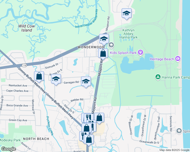 map of restaurants, bars, coffee shops, grocery stores, and more near 2600 Mayport Road in Jacksonville