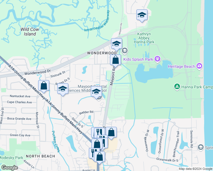 map of restaurants, bars, coffee shops, grocery stores, and more near 2600 Mayport Road in Jacksonville