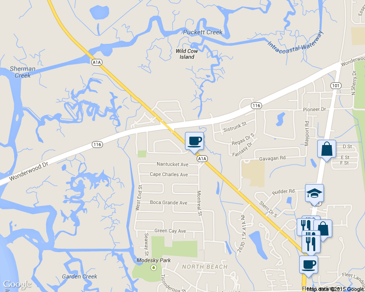 map of restaurants, bars, coffee shops, grocery stores, and more near 1131 Mayport Landing Circle in Atlantic Beach