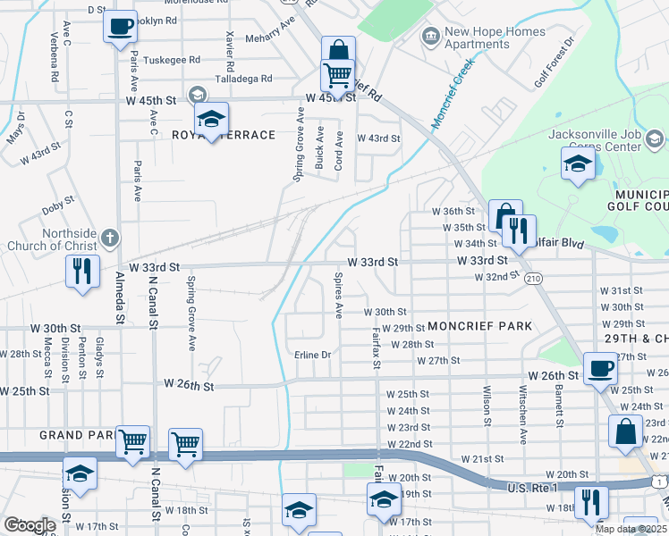 map of restaurants, bars, coffee shops, grocery stores, and more near 1876 West 33rd Street in Jacksonville
