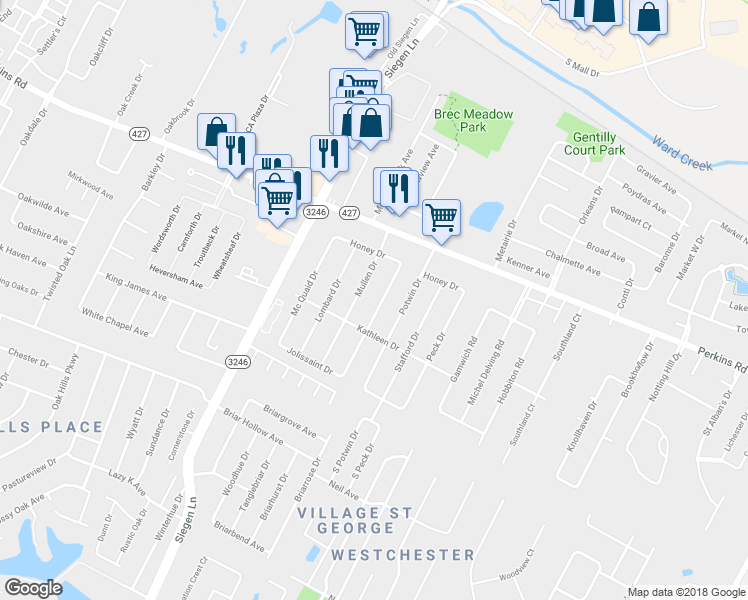 map of restaurants, bars, coffee shops, grocery stores, and more near 1877 Denver Drive in Baton Rouge