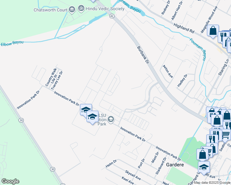 map of restaurants, bars, coffee shops, grocery stores, and more near 1219 Foxtail Drive in Baton Rouge