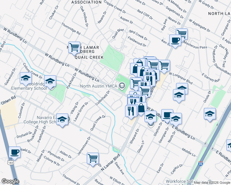 map of restaurants, bars, coffee shops, grocery stores, and more near 1011 West Rundberg Lane in Austin