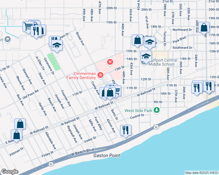 map of restaurants, bars, coffee shops, grocery stores, and more near 1110 Broad Avenue in Gulfport