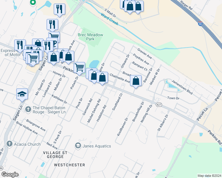 map of restaurants, bars, coffee shops, grocery stores, and more near 13814 Perkins Road in Baton Rouge