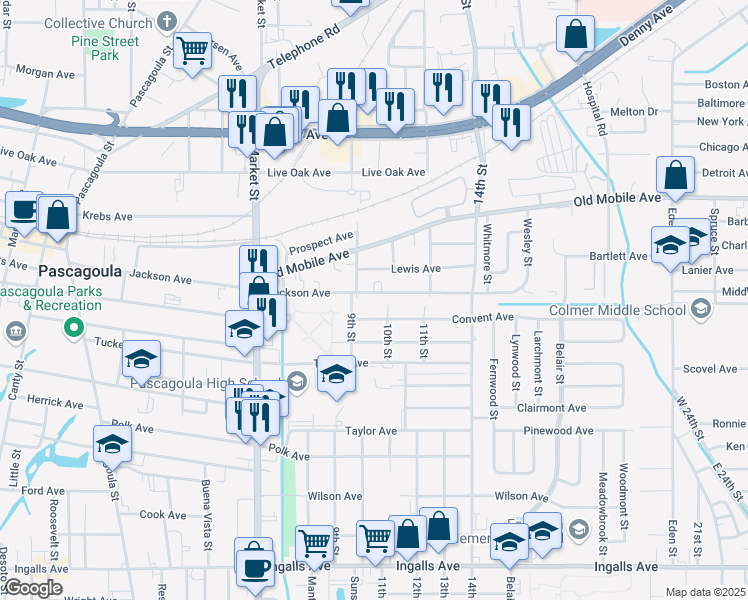 map of restaurants, bars, coffee shops, grocery stores, and more near 2010 Jackson Avenue in Pascagoula