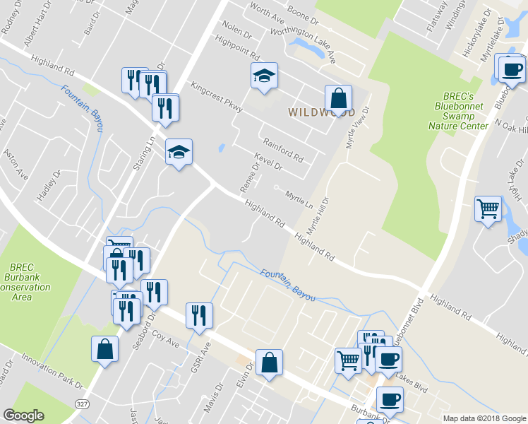 map of restaurants, bars, coffee shops, grocery stores, and more near 9632 Highland Road in Baton Rouge