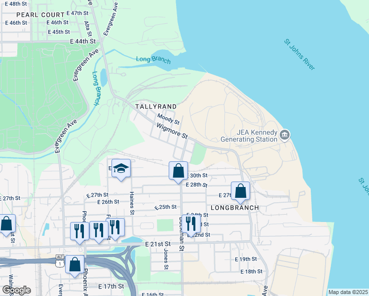 map of restaurants, bars, coffee shops, grocery stores, and more near 4230 Buckman Street in Jacksonville