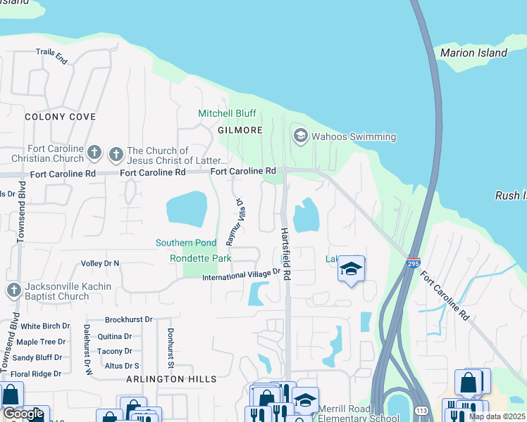 map of restaurants, bars, coffee shops, grocery stores, and more near 3684 Hartsfield Forest Circle in Jacksonville